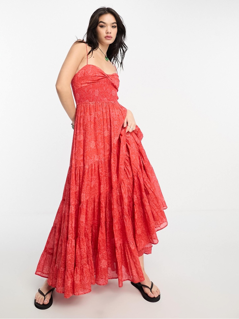 Free People Sundrenched Printed Floral Smocked Maxi Dress Red